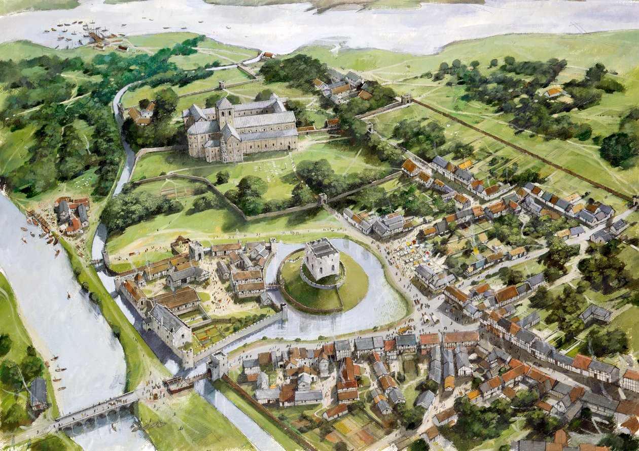 Christchurch Kalesi, Limanı ve Manastırının 12. Yüzyılın sonunda tasvir edilen havadan görünümü by Ivan Lapper