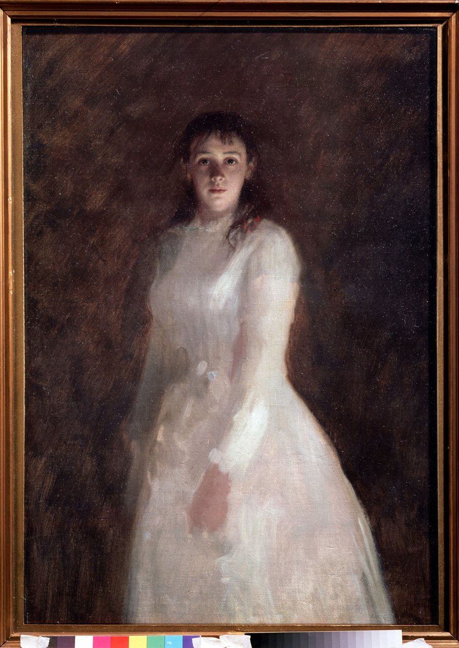 Genç bir bayanın portresi (genç bir bayanın portresi). (uzun beyaz bir elbise giymiş). Ivan Nikolayevich Kramskoi