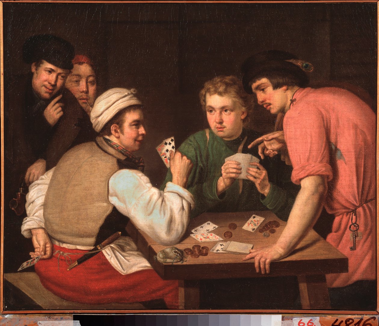 The Cardsharps - Ivan Philippovich Tupylev (Toupylev) (1758-1821) tarafından yapılan boyama, tuval üzerine yağlı boya by Ivan Philippovich Tupylev