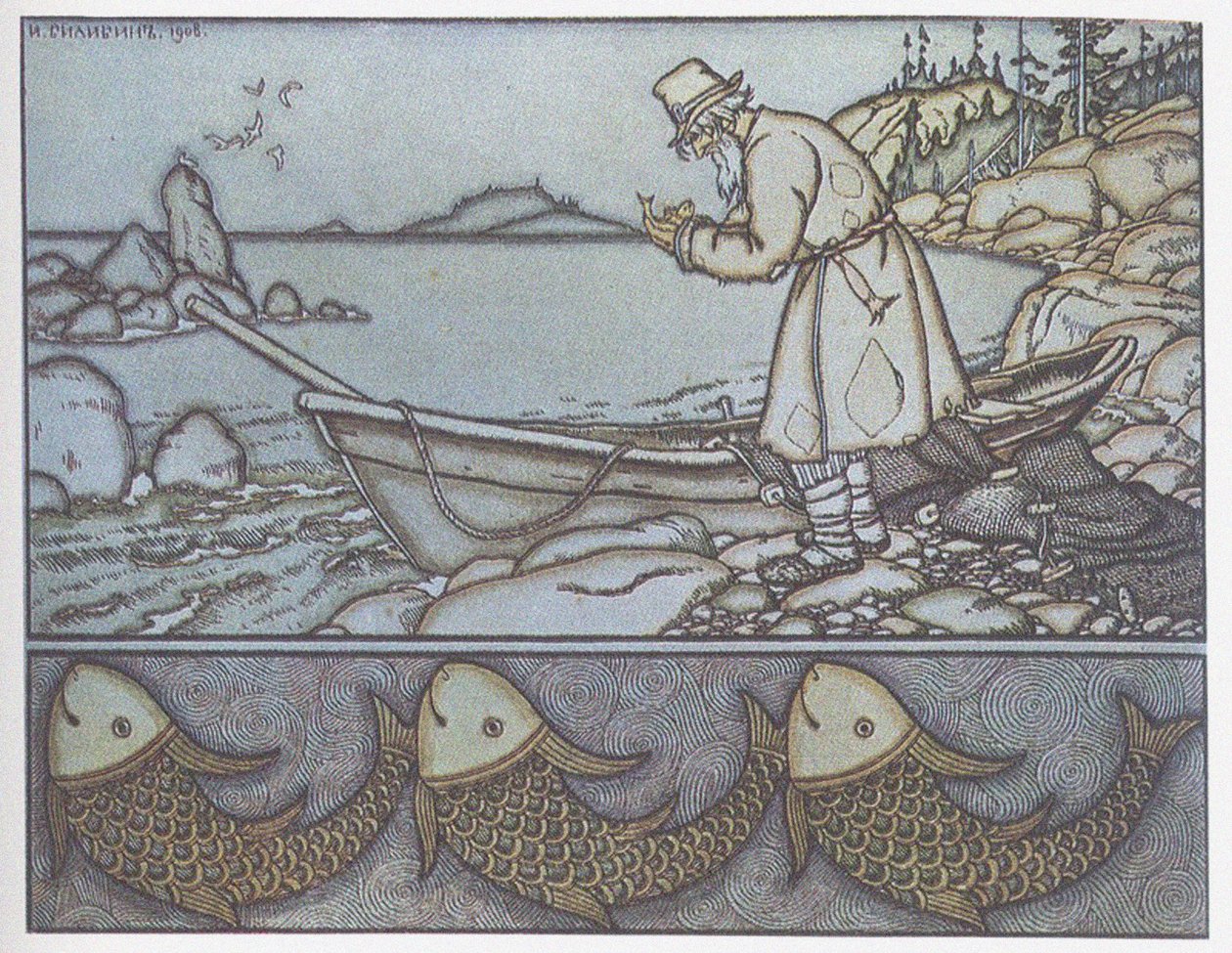 Balıkçı ve Balık Masalının İllüstrasyonu by Ivan Yakovlevich Bilibin