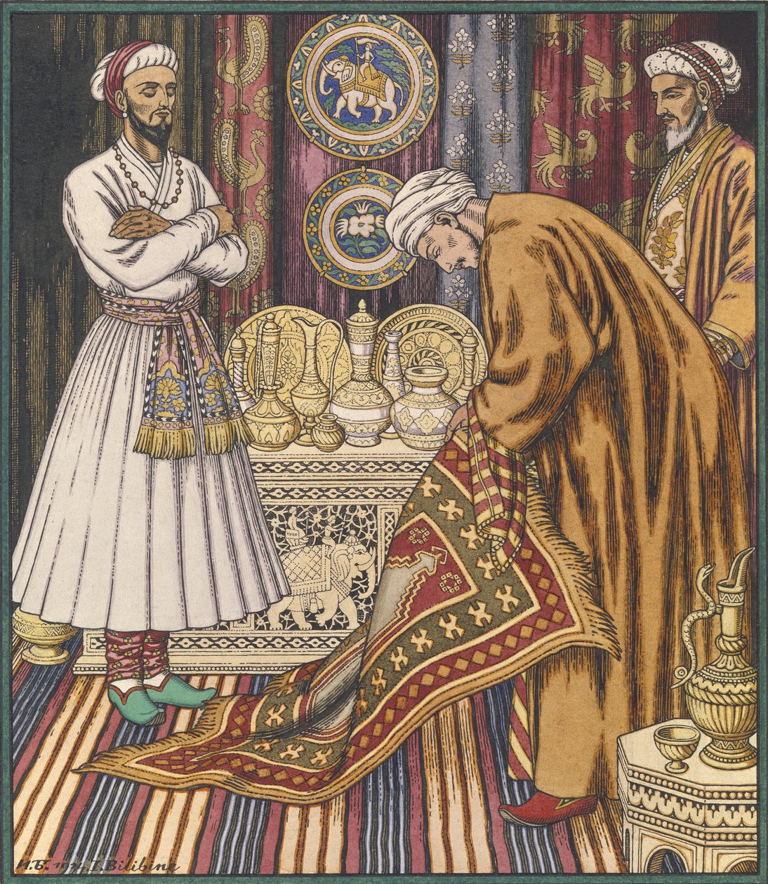 Prens Ali halı alıyor. Arap Masalları için İllüstrasyon by Ivan Yakovlevich Bilibin