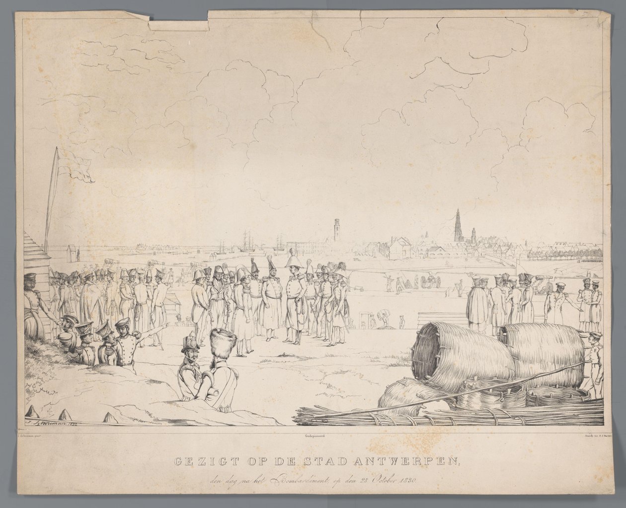 Bombardımandan bir gün sonra, 28 Ekim 1830'da Antwerp şehrinin görünümü (nesne üzerindeki başlık) by Izaak Schouman