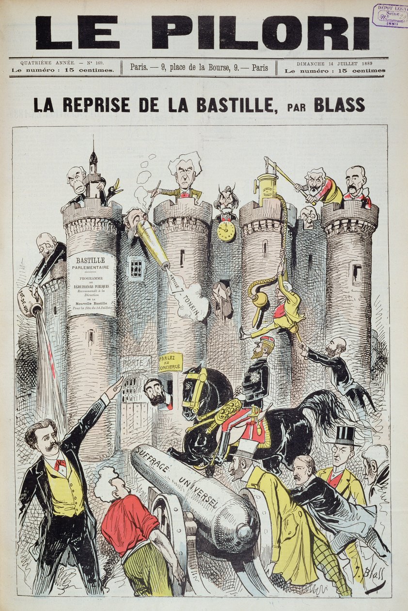 General Boulanger'ı (1837-91) Bastille'i 'alırken' tasvir eden 'Le Pilori'nin kapağı, 1889 Fransız Seçimleri üzerine karikatür, 14 Temmuz 1889 by J. Blass