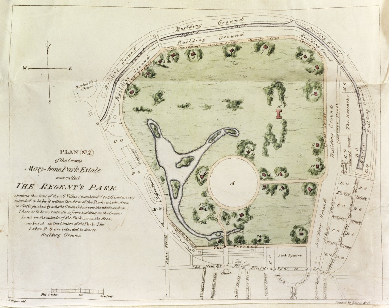 Boosey & Co., 1822 tarafından basılan Regents Park Planı, by J. Briggs