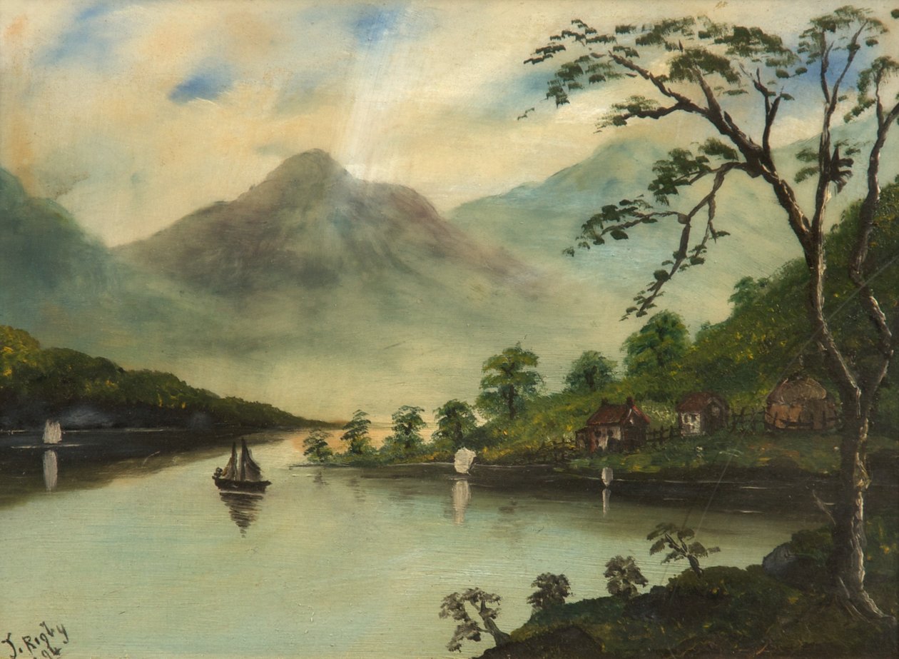 Göl, Dağlar ve Yelkenli Tekne ile Manzara, 1894 (cam üzerine yağlı boya) by J. Rigby