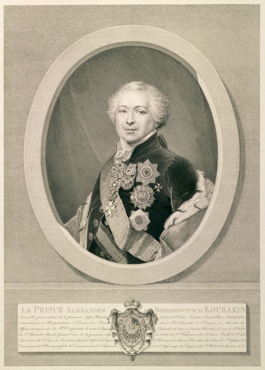 Nikolai İvanoviç Utkin (1780-1863) tarafından oyulmuş Prens Kurakin portresi, 1812 (gravür ile oyma) by J.B. Renu