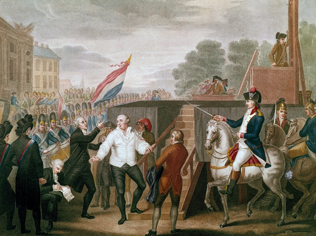 Fransız Devrimi: “” Kral Louis XVI, 21/01/1793 tarihinde itirafçısı Edgeworth ile” Kral iskeleye yükseliyor. J. F. Cazenave (1770-?) 1793