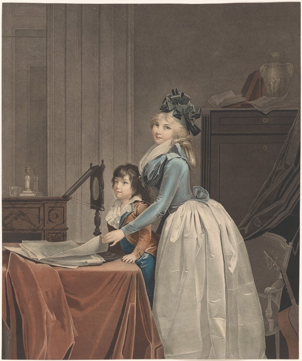 Optik ayna L'optique'in arkasında üvey oğluyla Louise Sébastienne Gély'nin portresi by J.F. Cazenave