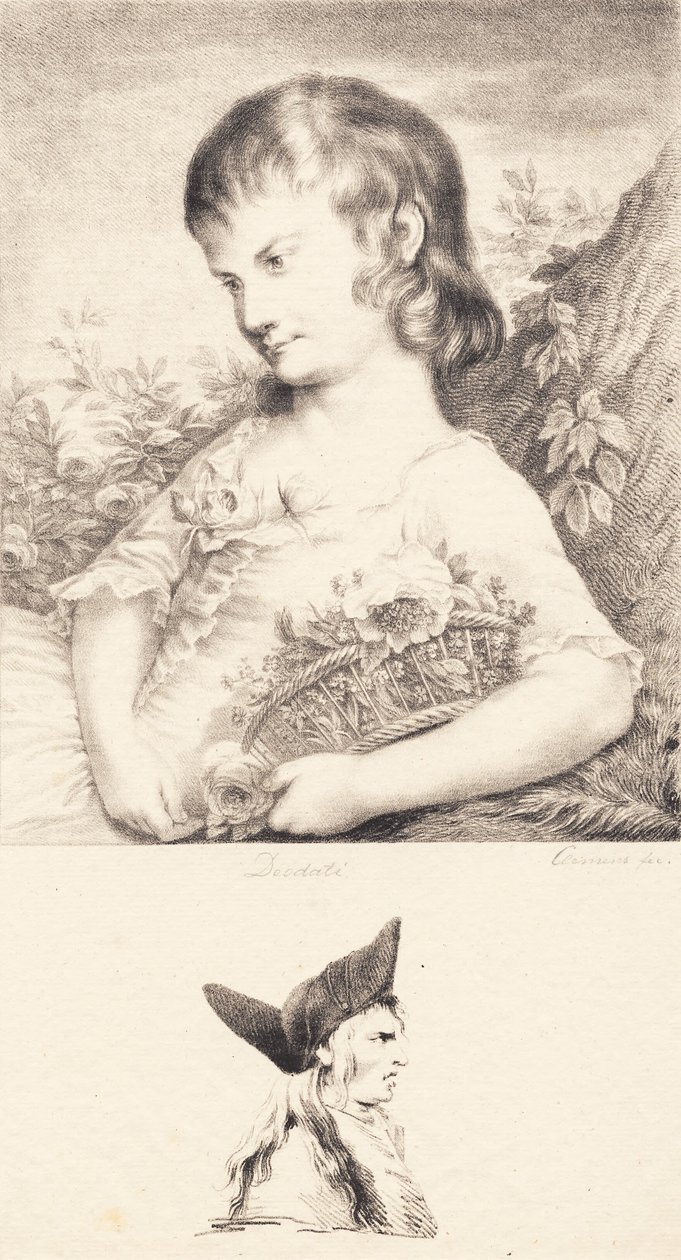 Bir çiçek sepeti ve erkek portre ile küçük bir kız by J.F. Clemens
