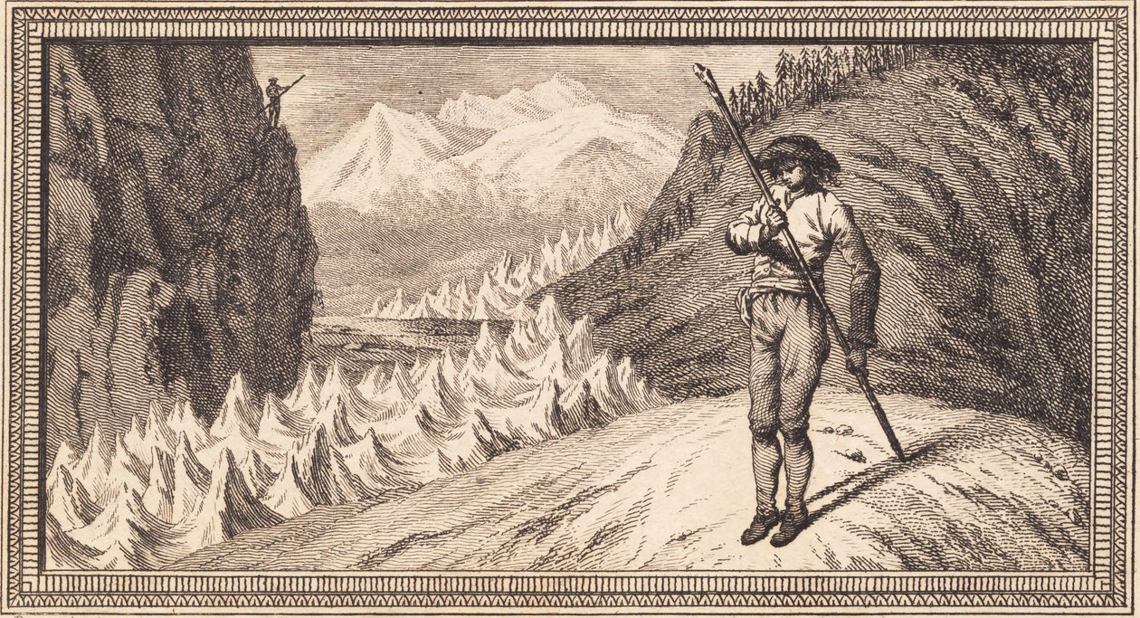 Kar yüzeyindeki bir adam uzun bir direğe yaslanıyor. by J.F. Clemens