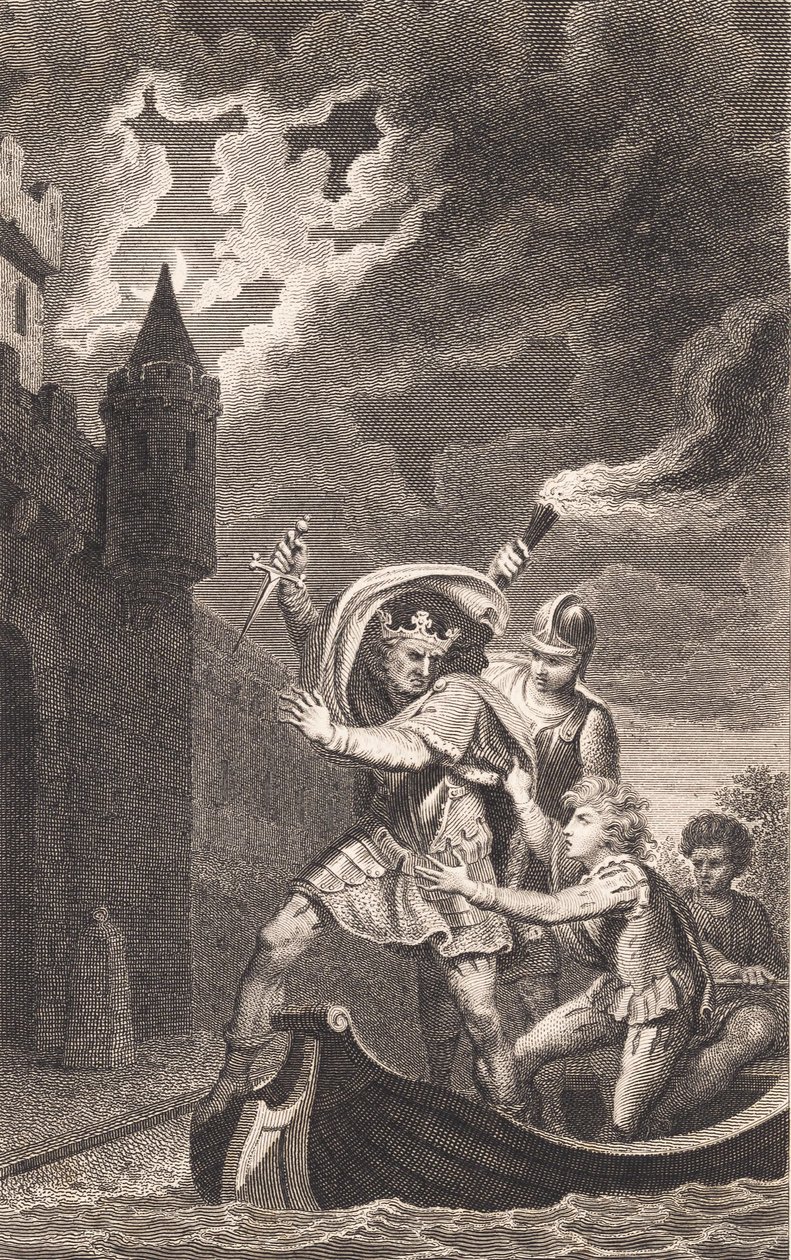 İllüstrasyon. Bir hançer ve bir teknede üç kişi ile bir kral by J.F. Clemens