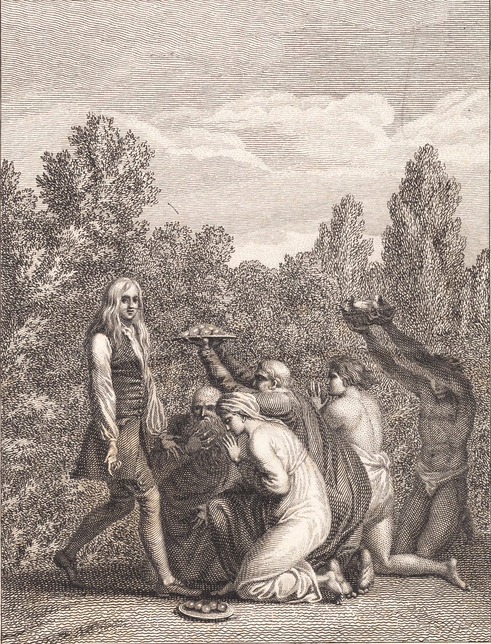 Niels Klim, ona hediyeler getiren ve önünde diz çöken Qvamitler tarafından selamlanır by J.F. Clemens