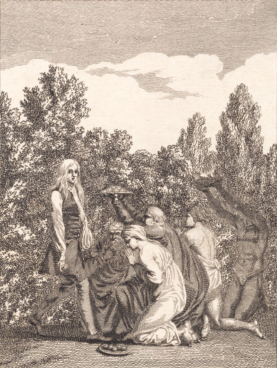 Niels Klim, ona hediyeler getiren ve önünde diz çöken Qvamitler tarafından selamlanır by J.F. Clemens