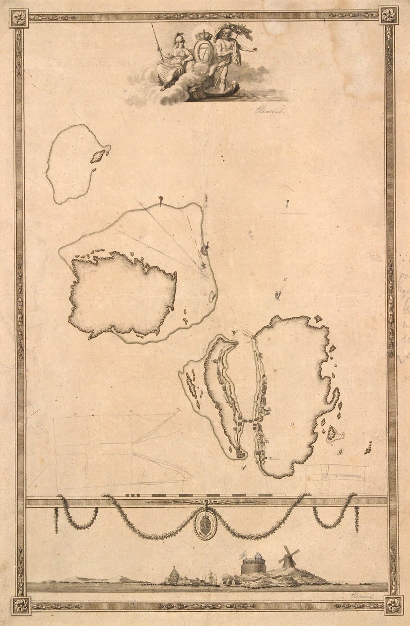 Christiansø haritası için başlık skeç ve prospektüs by J.F. Clemens