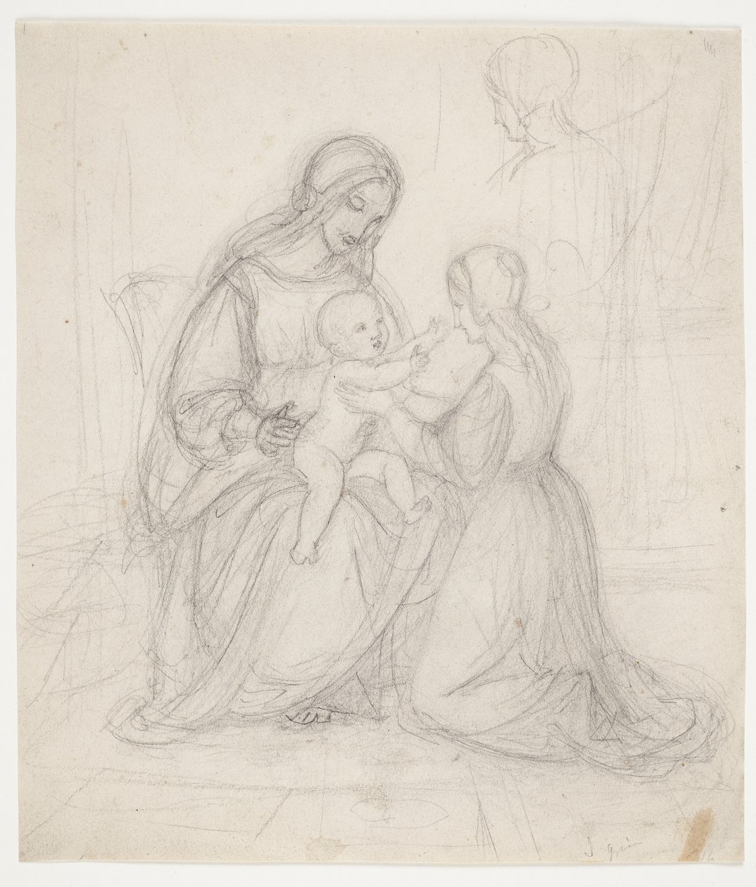 Çocuk ve diz çökmüş kadınla oturan madonna by J.L. Lund