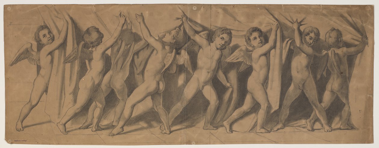Kraliyet taslağı Tiyatro perdesi; halıyı kenara çeken putti by J.L. Lund