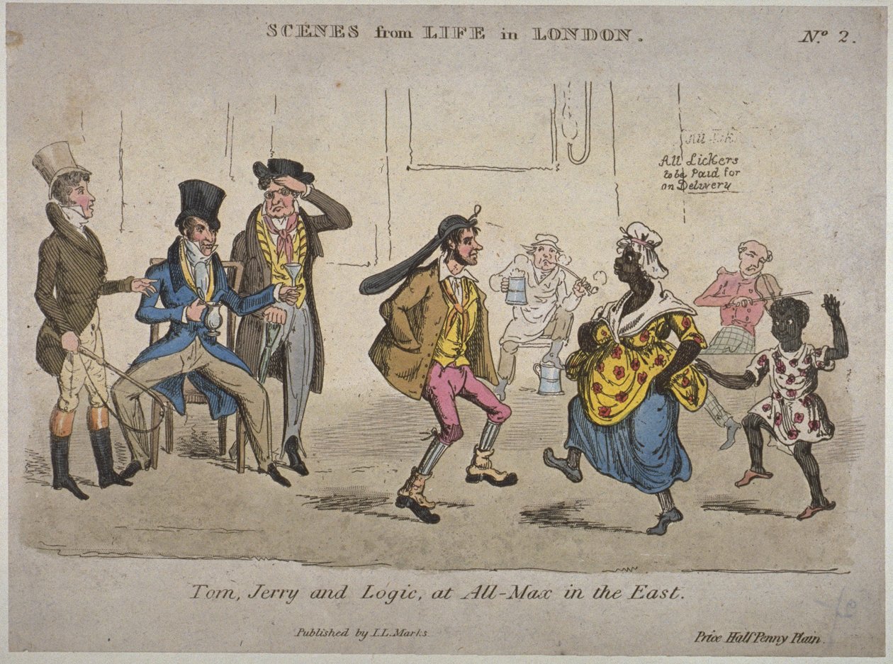 Nightingale Lane'deki Coach ve Horses'ta içki içen ve dans eden figürler, Pierce Egan'ın 'Londra'daki Yaşamı'ndan bir örnek (el ile boyanmış gravür) by J.L. Marks