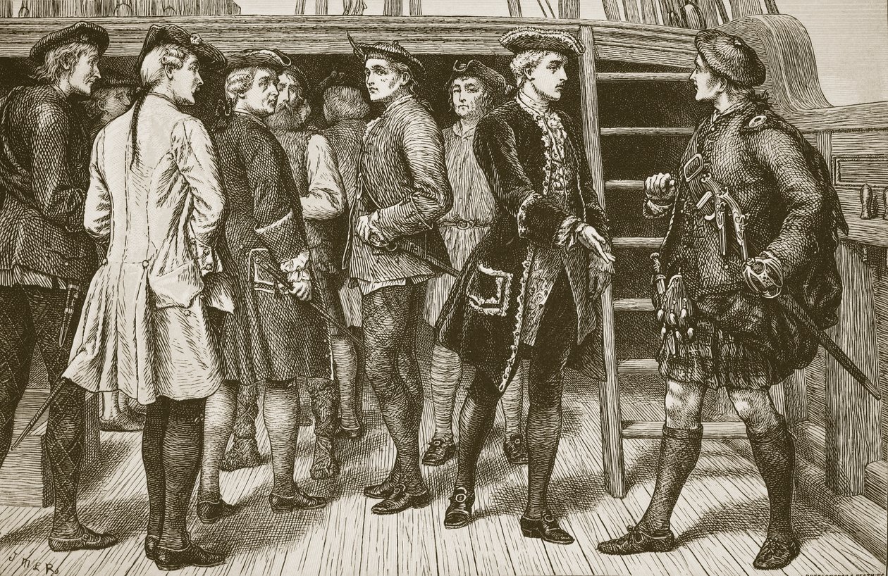 Genç Pretender ve Highland Chiefs, Butterworth ve Heath tarafından kazınmış İskoçya'ya inmeden önce 'Doutelle' gemisinde by J.M.L. Ralston