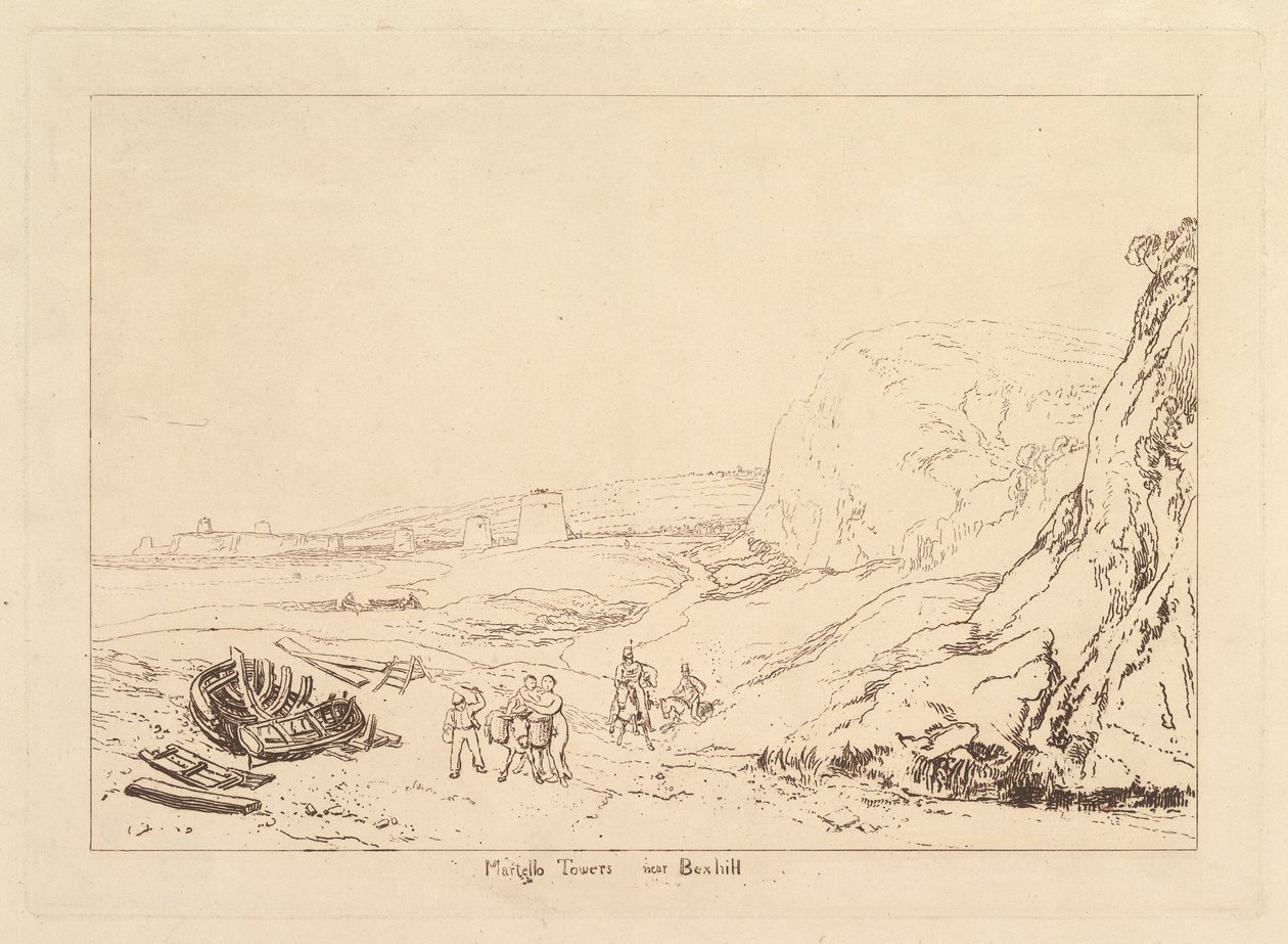 Bexhill yakınlarındaki Martello Kuleleri, Sussex Liber Studiorum, bölüm VII, levha 34, 1811. by Joseph Mallord William Turner
