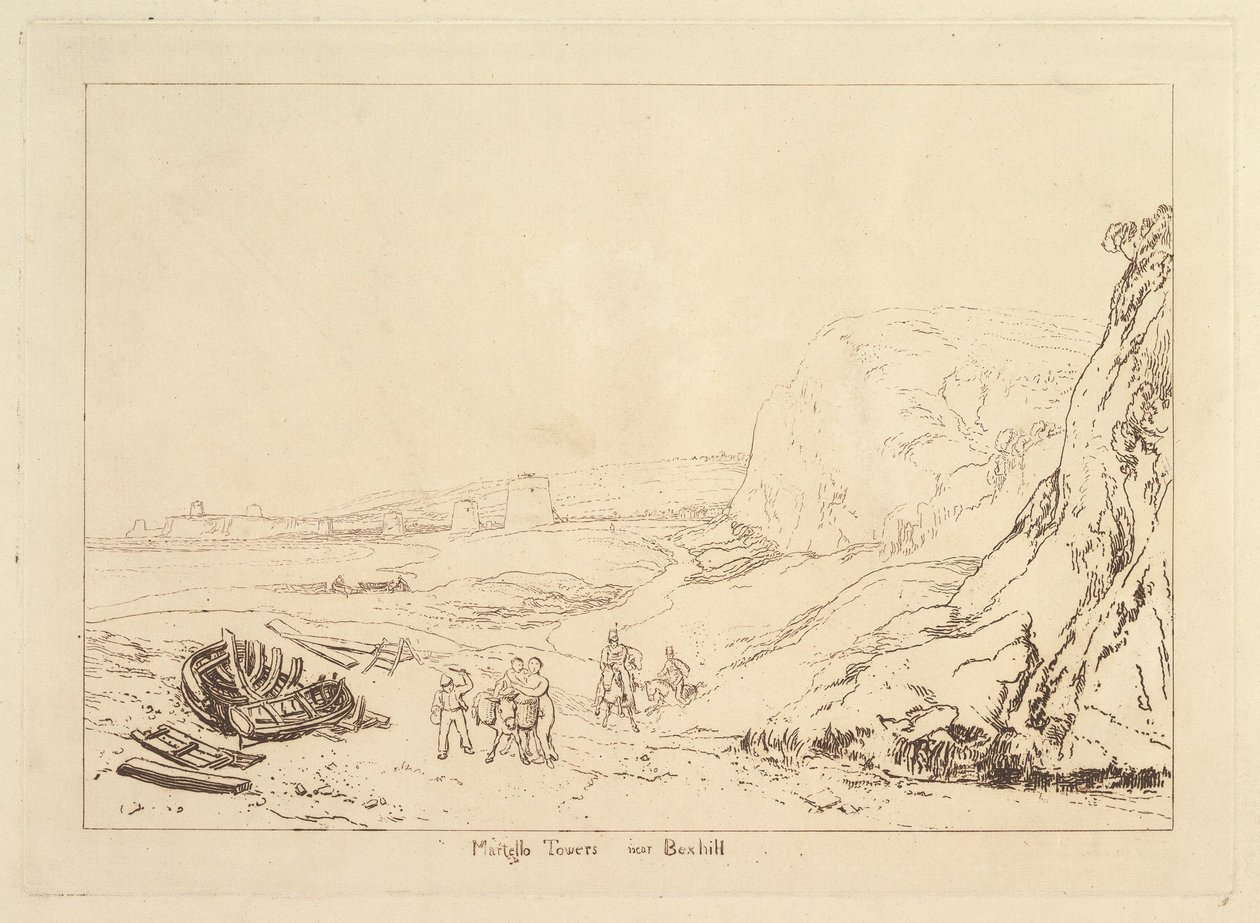 Bexhill yakınlarındaki Martello Kuleleri, Sussex Liber Studiorum, bölüm VII, levha 34, 1811. by Joseph Mallord William Turner