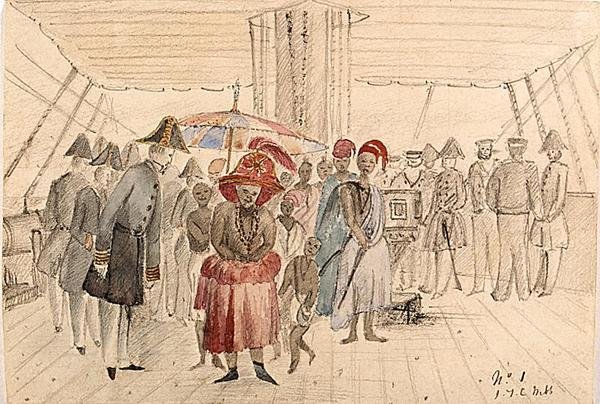 Bir Donanma Gemisinde Batı Afrika Şefleri, 1850 dolayları (kağıt üzerine suluboya ve kurşun kalem) by J.T.C. Webb
