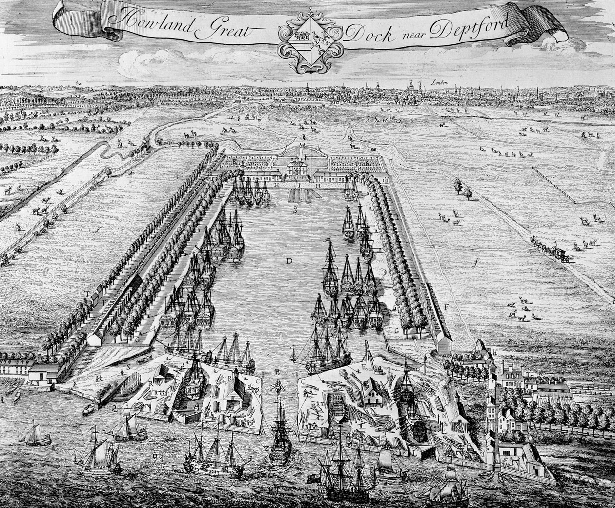 Howland Great Dock, Deptford yakınlarında, c.1715-20 by J. Badslade