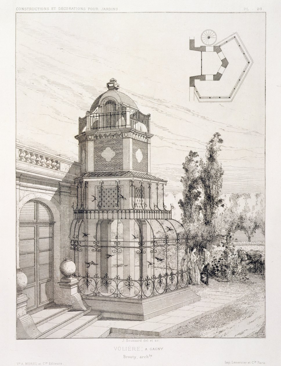 Ötücü kuşlar için kuş kafesi, çeşitli mimarların tasarımlarından oluşan bir cilt, pub. Morel & Cie, Paris, 1880 dolayları by J. Boussard