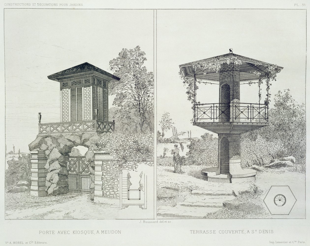 Köşk, Meudon ve kapalı teraslı portal, St. Denis, çeşitli mimarların tasarımlarından, pub. Morel & Cie, Paris, 1880 dolayları (gravür) by J. Boussard