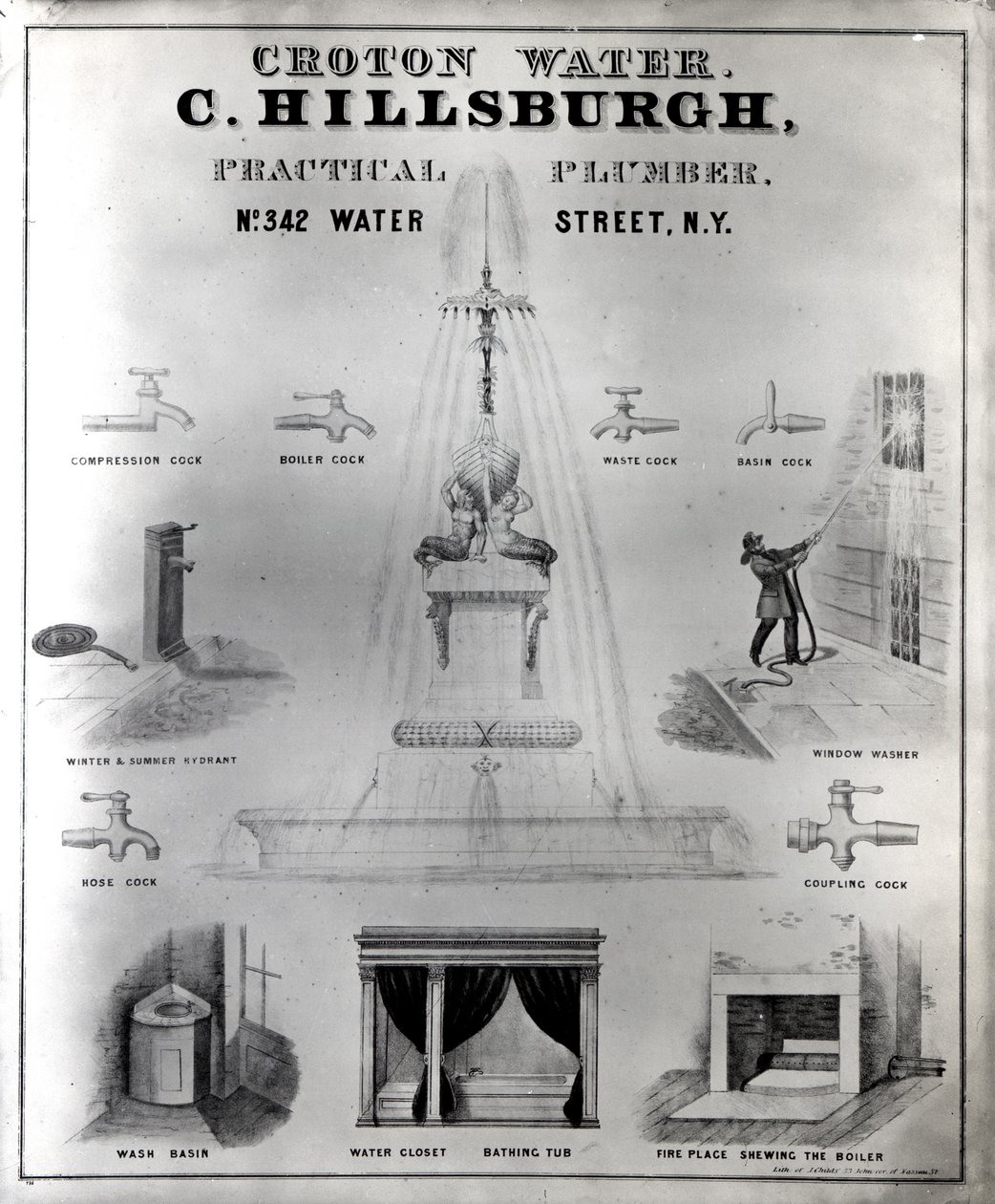 Kroton Suyu. C. Hillsburgh, pratik tesisatçı, no. 342 Water Street, New York, 1840'lar by J. Childs