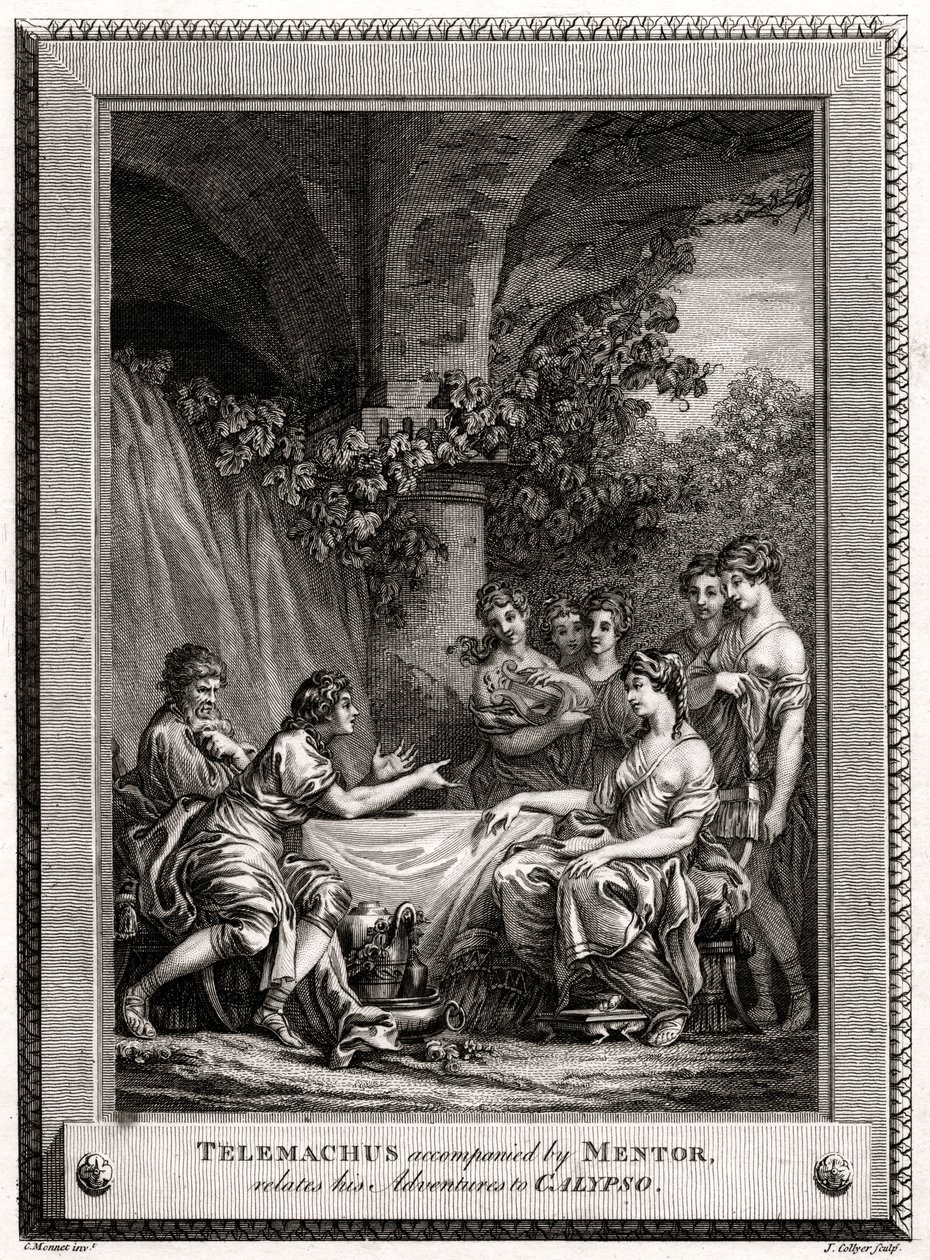 Mentor eşliğinde Telemachus, Maceralarını Calypso ile ilişkilendirir, 1774 by J. Collyer