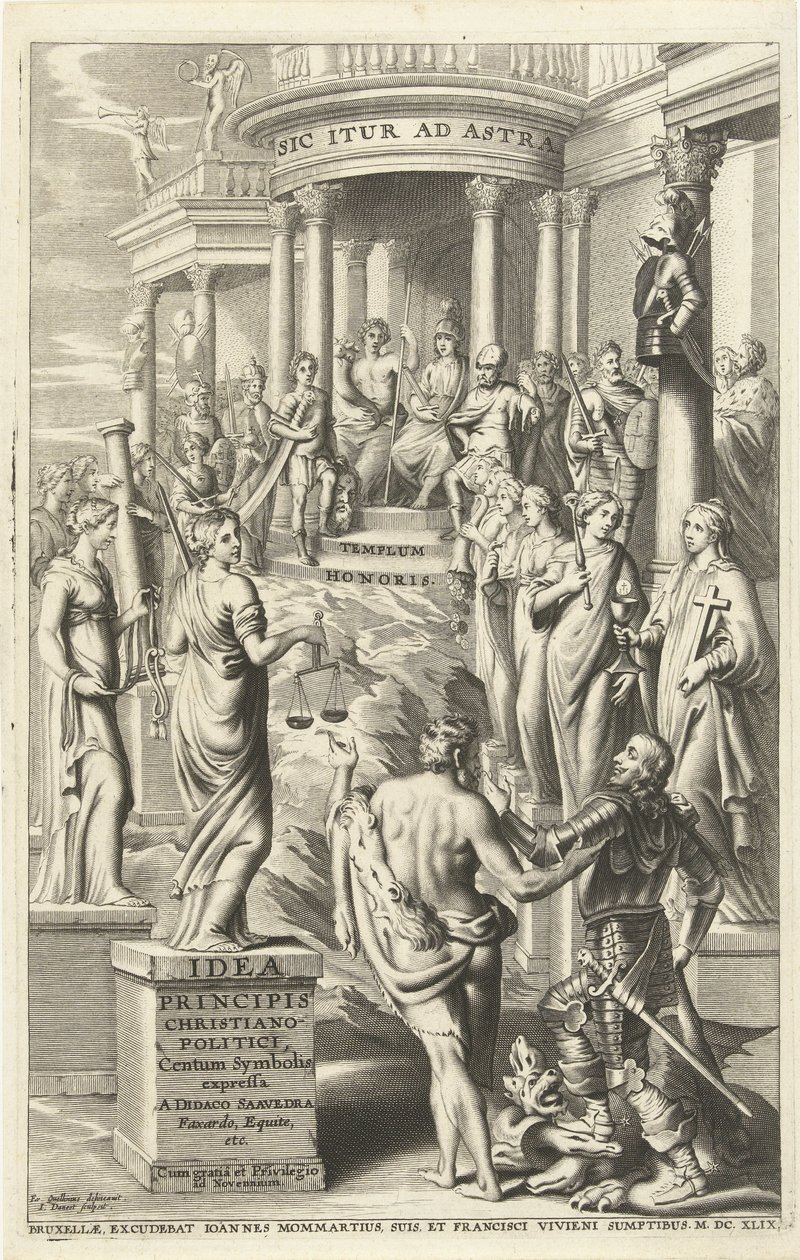 Herkül, insanı geçmişteki erdemlerin kişileştirmelerini ebedi ün tapınağına götürür. Başlık sayfası: Idea principis christiano-politica, Centum Symbolis expressa, Brüksel 1649 (nesne üzerindeki başlık) by J. Danoot