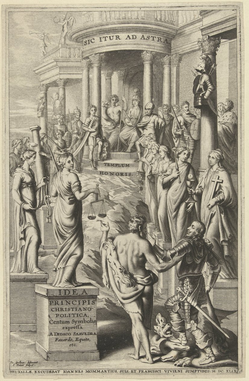 Herkül, insanı geçmişteki erdemlerin kişileştirmelerini ebedi ün tapınağına götürür. Başlık sayfası: Idea principis christiano-politica, Centum Symbolis expressa, Brüksel 1649 by J. Danoot