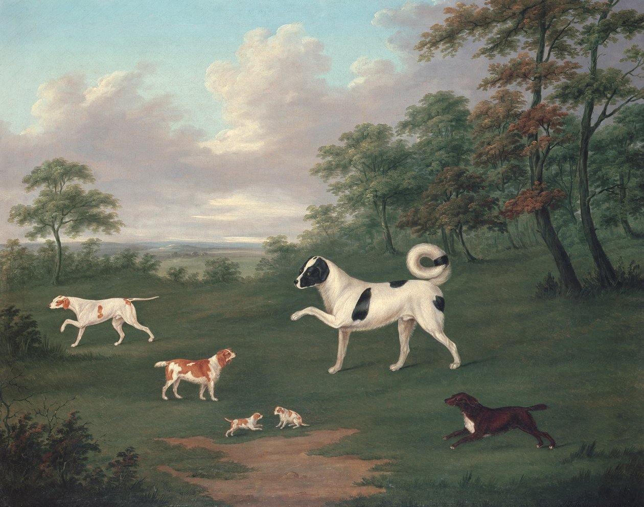 Bir manzarada spor yapan köpekler by J. Francis Sartorius