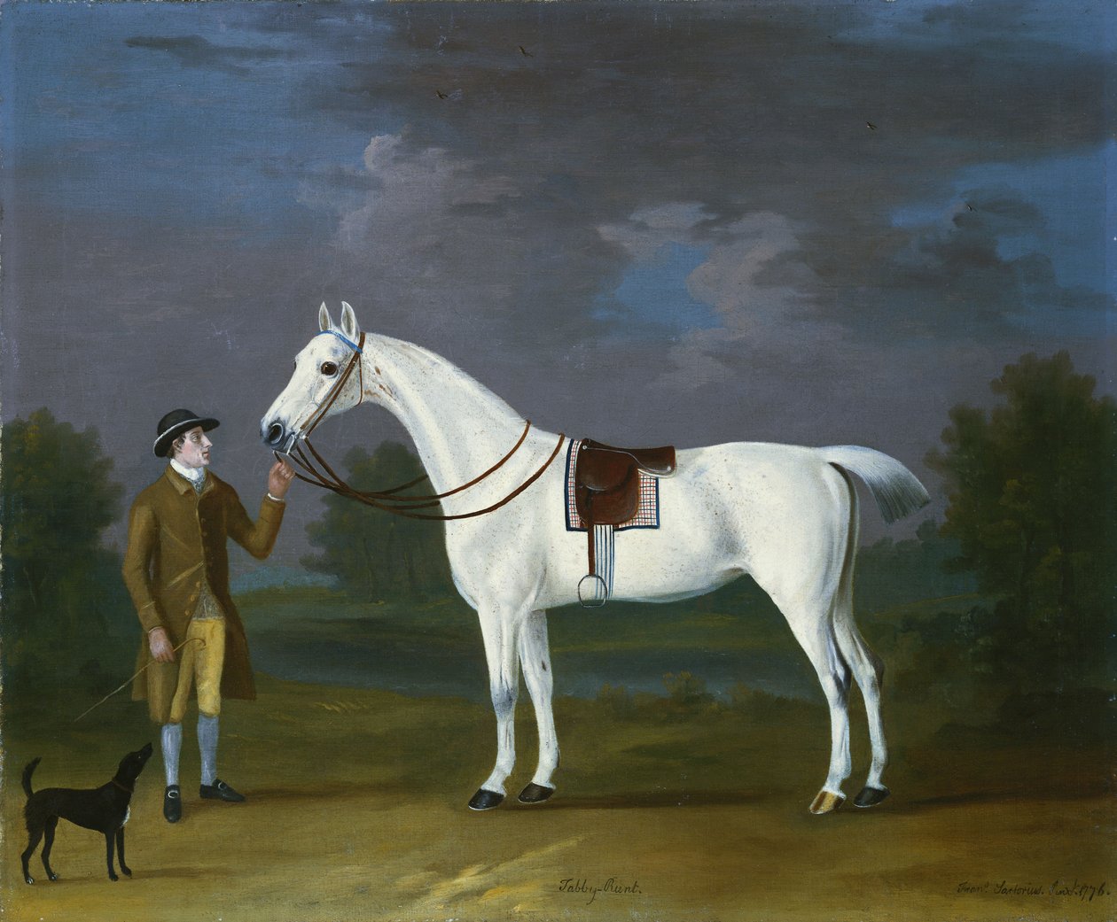 Tabby Runt", sahibiyle birlikte gri bir avcı ve nehir manzarasında bir teriyer, 1776 by J. Francis Sartorius