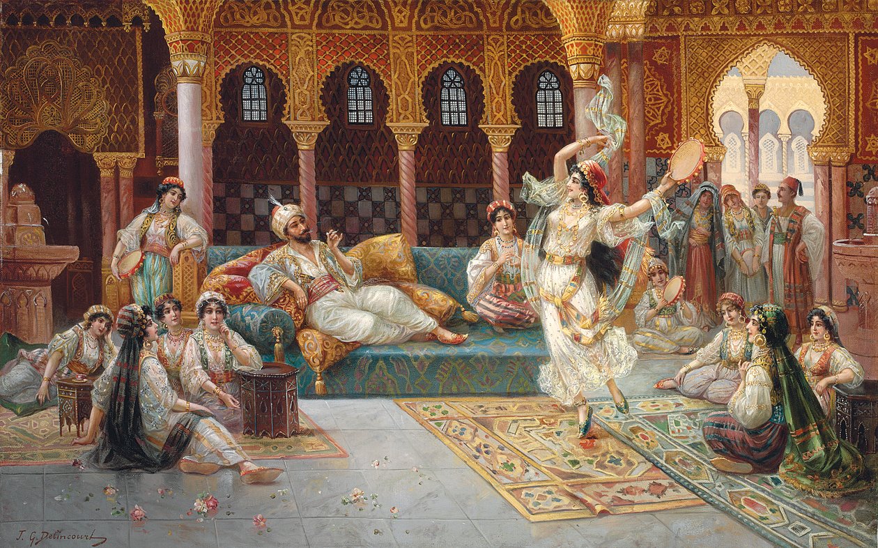 Bir harem dansı (gemiye serilmiş tuval üzerine yağlı boya) by J. G. Delincourt