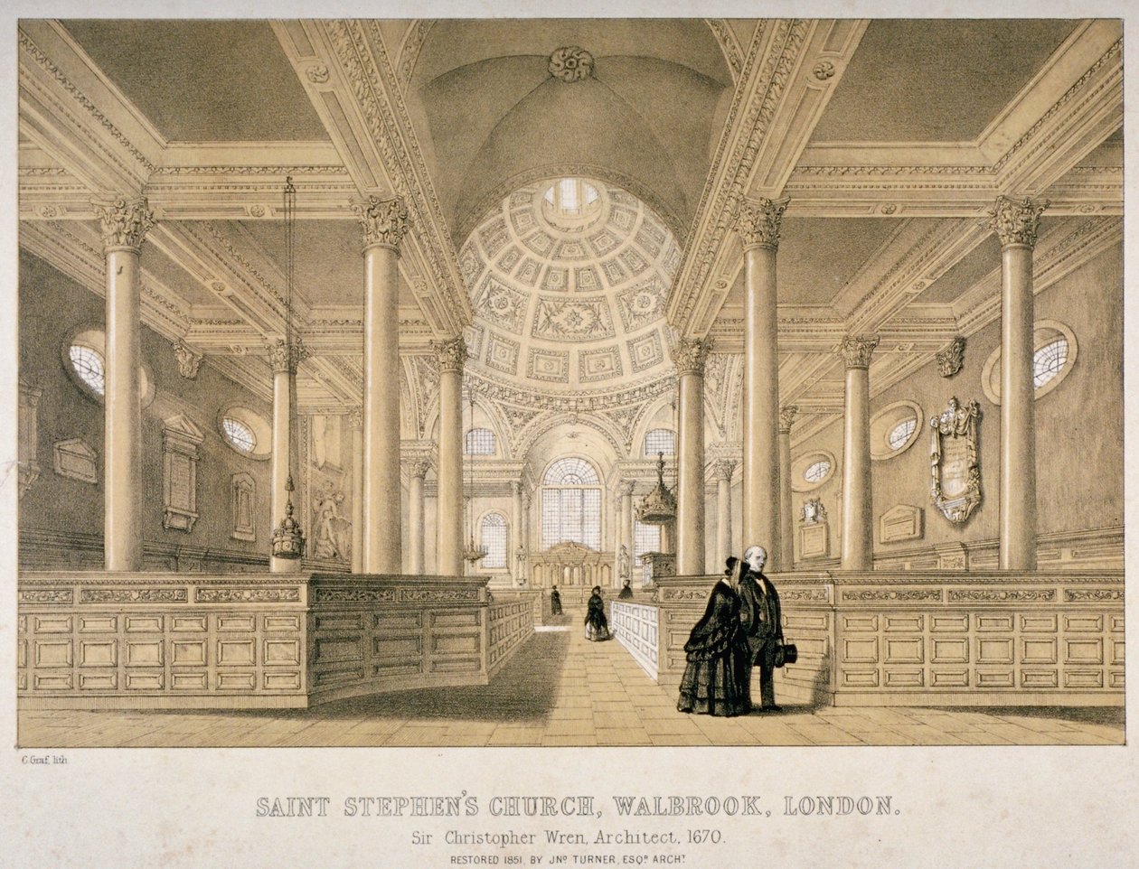 Doğuya bakan iç görünüm, St Stephen Walbrook Kilisesi, Londra Şehri, 1851 by J Graf