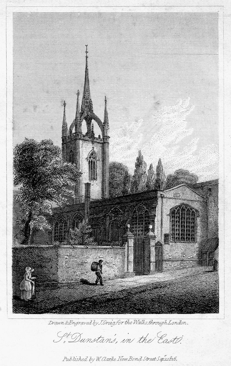 Doğudaki St Dunstan Kilisesi, Londra Şehri, 1816. by J. Greig