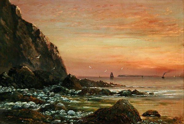 Gün batımında Cliff ile deniz manzarası by J. H. Blunt