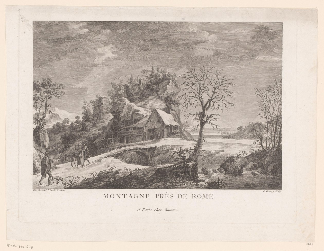 Montagne près de Rome figürlü bir köprünün yanında bir evin görünümü (nesnedeki başlık) by J. Hémery