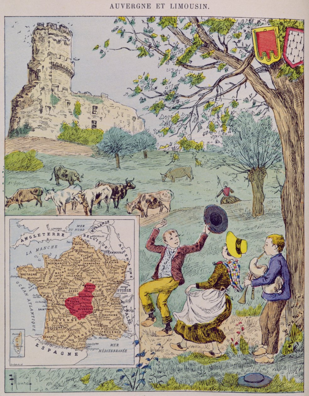 Auvergne ve Limousin, Marie de Grandmaison tarafından Le Tour de France için illüstrasyon, 1893 by J. Maurel