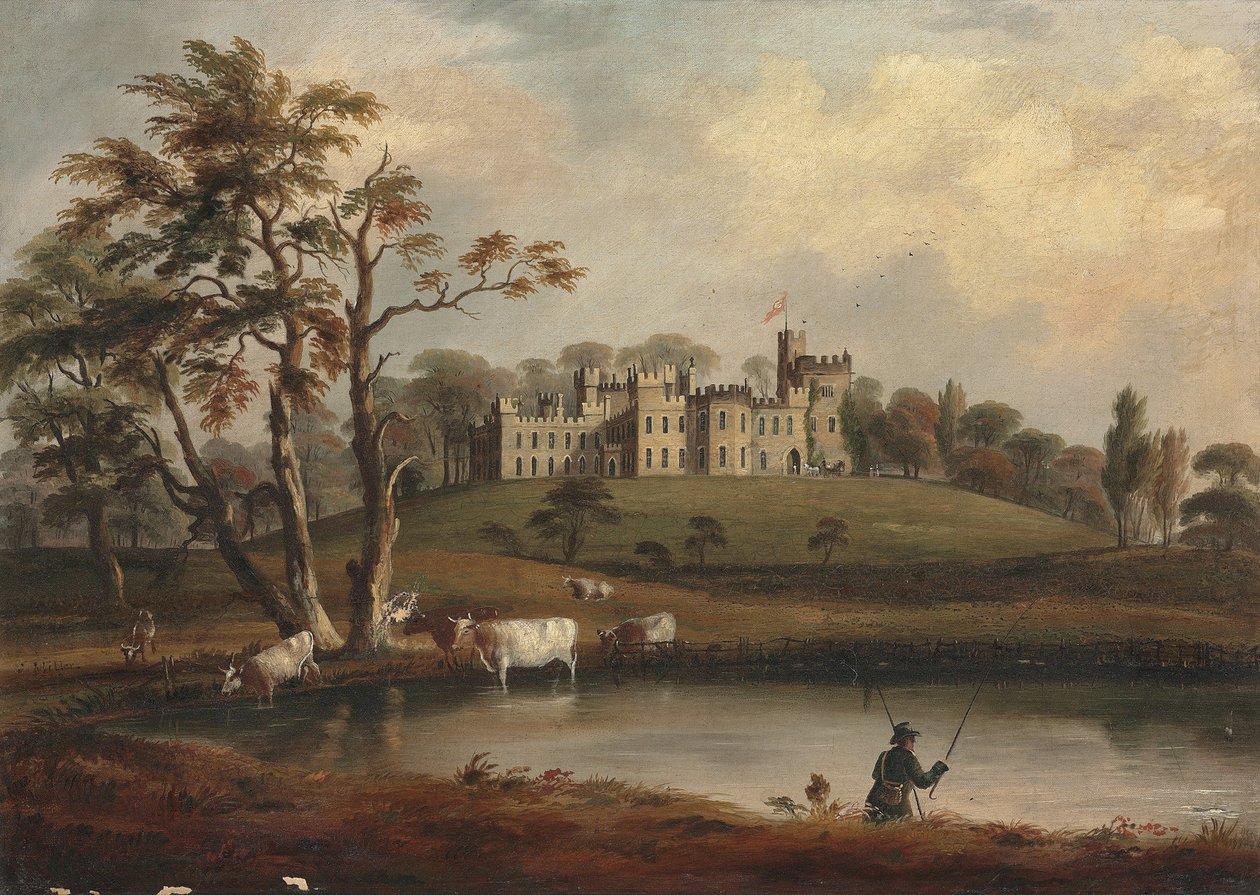 Wenning nehrinin kıyısında bir fener ve sığır ile Hornby Kalesi, Yorkshire, bir görünüm by J. Miller