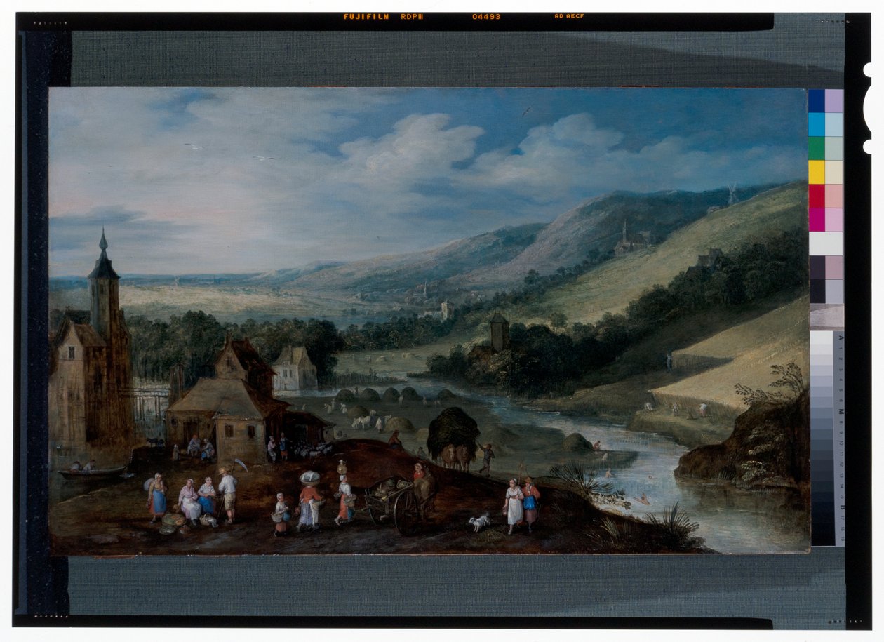 Hasadı toplayan köylülerin yer aldığı geniş bir nehir manzarası by J. & Momper J. de (1564 1635) Brueghel