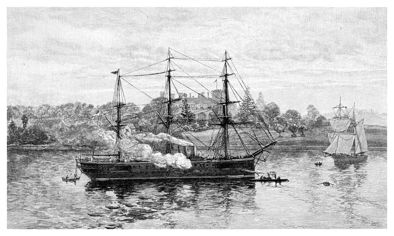 Hükümet Konağı ve HMS Nelson, Sidney, Yeni Güney Galler, Avustralya, 1886. by J. R. Ashton
