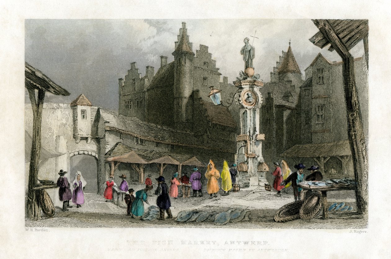 Balık Pazarı, Antwerp, Belçika, 19. yüzyıl. by J. Rogers