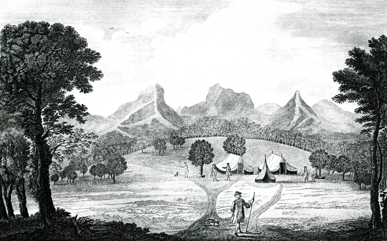 Juan Fernandes adasındaki Commodore çadırından bir görünüm, c.1745 (gravür) by J. S. Mason