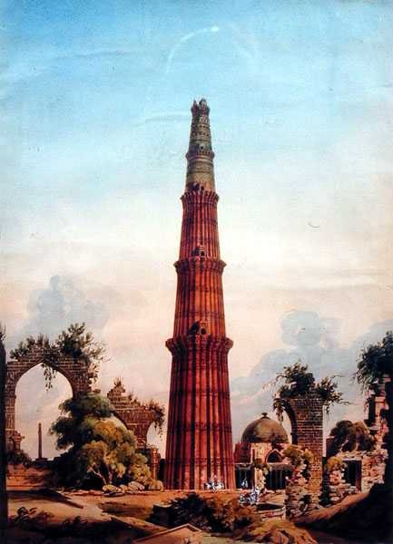Kutub Minar, Delhi, c.1815 (kağıt üzerine suluboya) by J. Smith