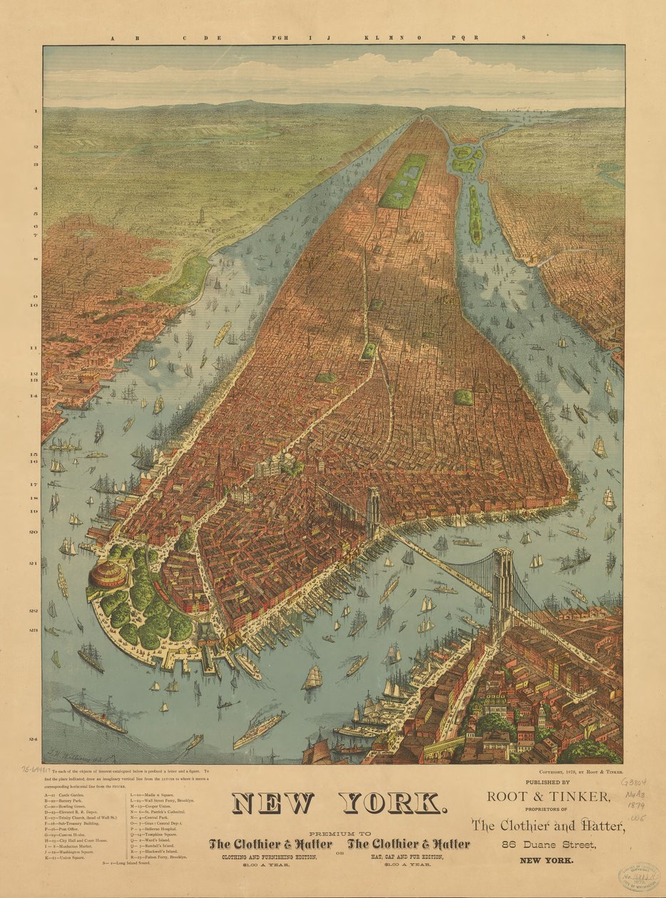 Perspektif haritası ölçekli olarak çizilmemiştir. New York by J. W. Root and Tinker Williams