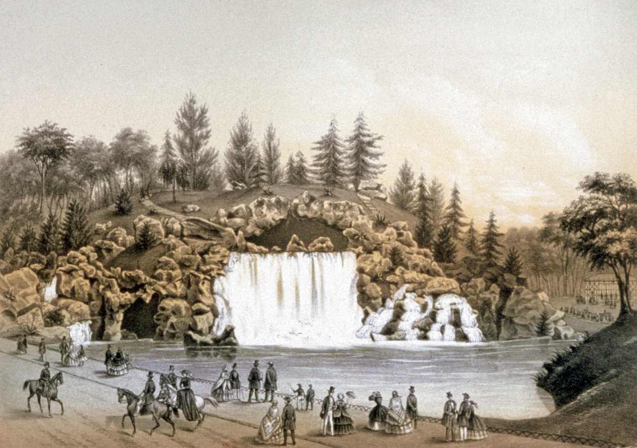 Bois de Boulogne şelalesi, yaklaşık 1860 (litografi) by J. Walter