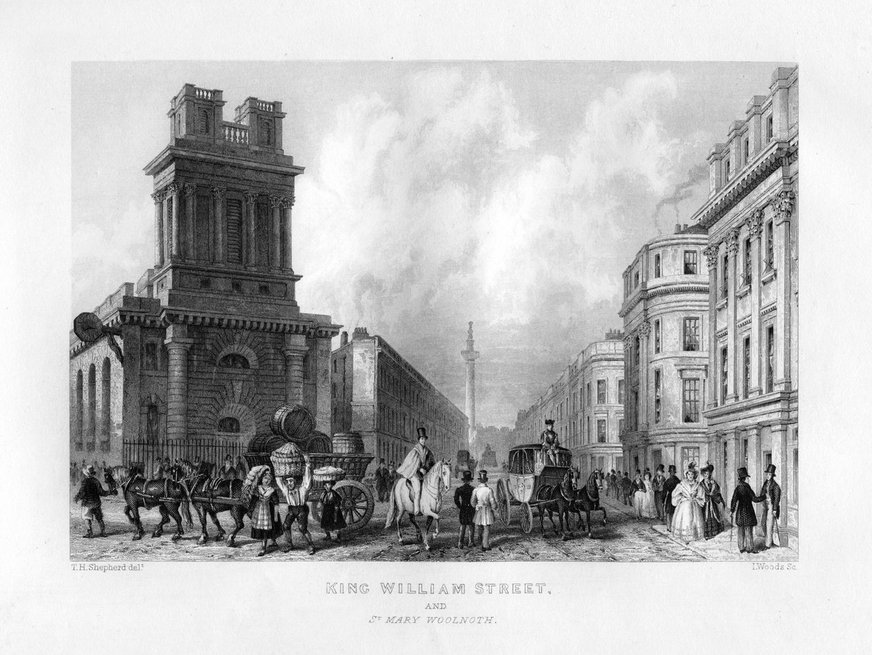 King William Street ve St Mary Woolnoth, Londra, 19. yüzyıl. by J. Woods