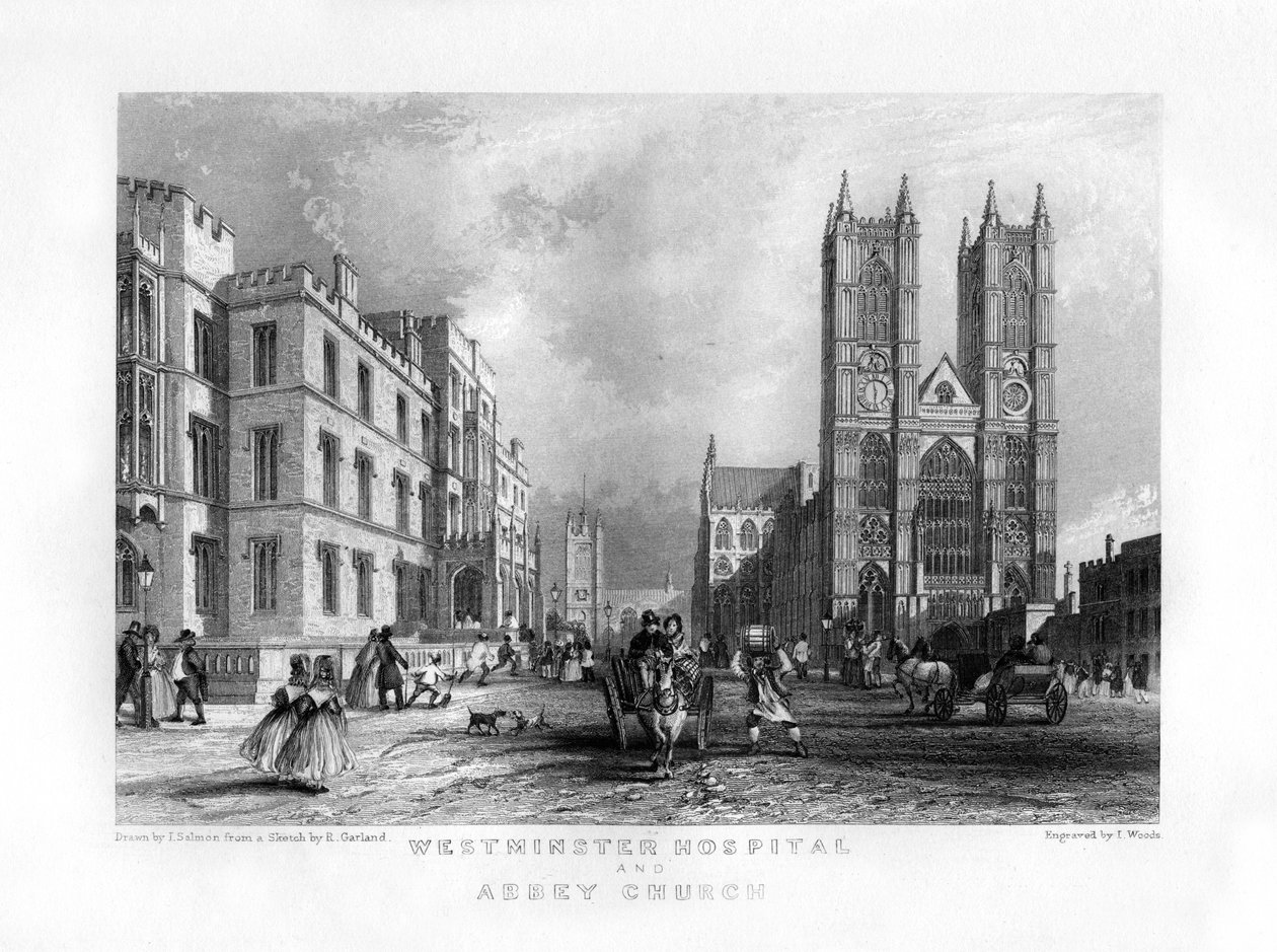 Westminster Hastanesi ve Abbey Kilisesi, Londra, 19. yüzyıl. by J. Woods